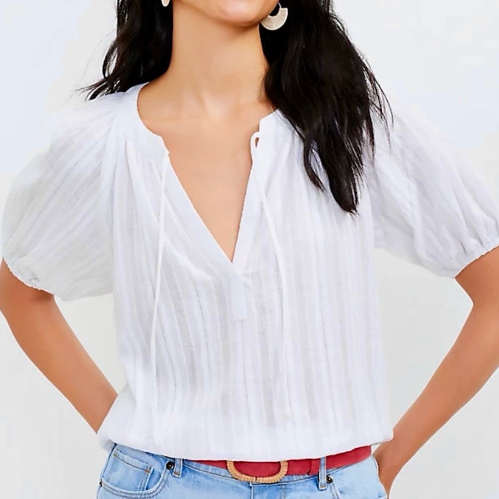 LOFT Striped Jacquard Tie Neck Puff Sleeve Top
